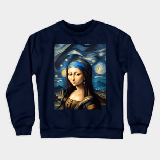 Mona Lisa with a Pearl Earring under The Starry Night Crewneck Sweatshirt